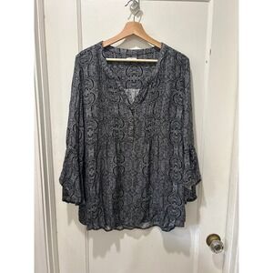 Westport Black Paisley Pintuck Bell Sleeve Henley Blouse Top Plus Size 2X Rayon